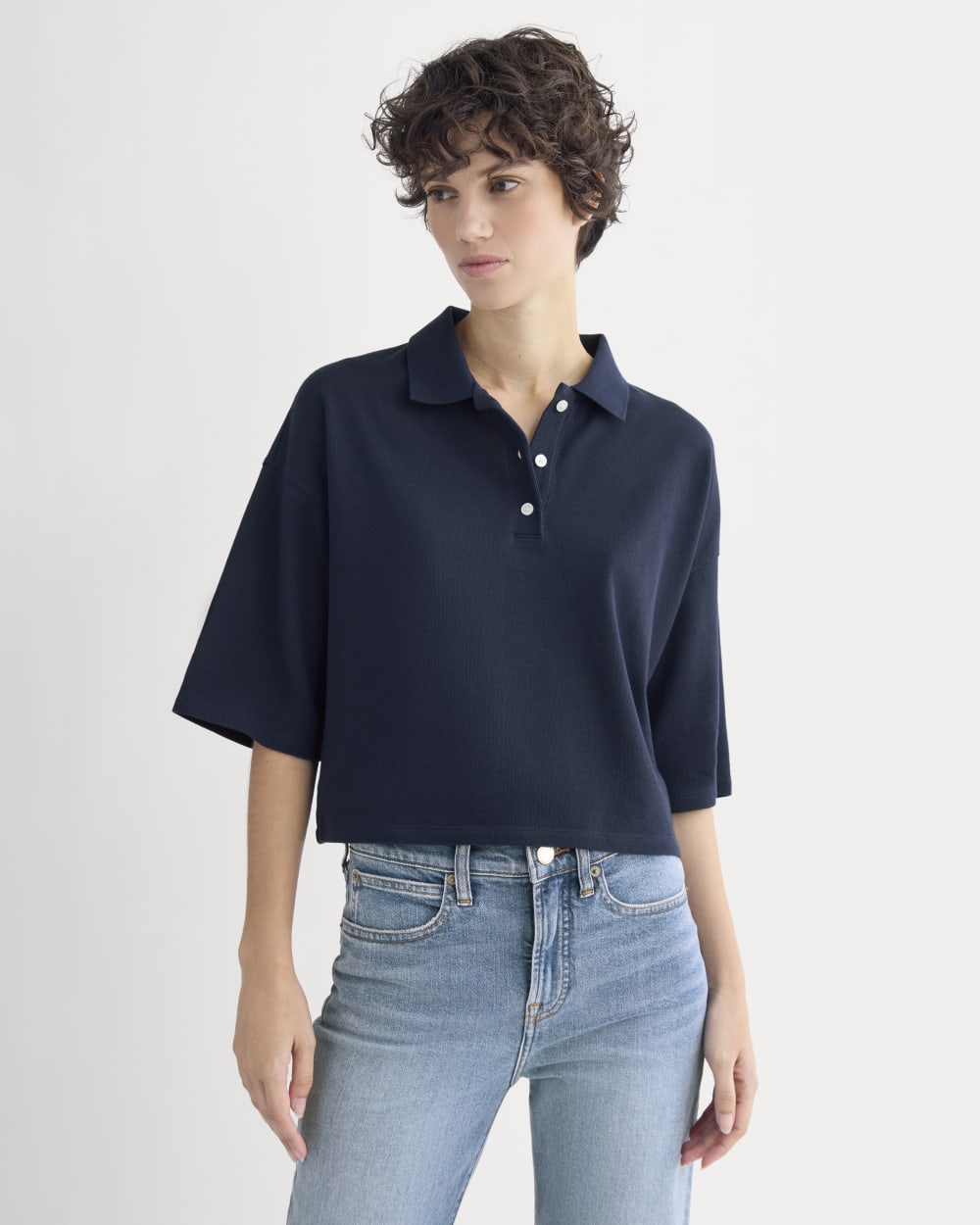 Pique Boxy Polo in Navy — front view