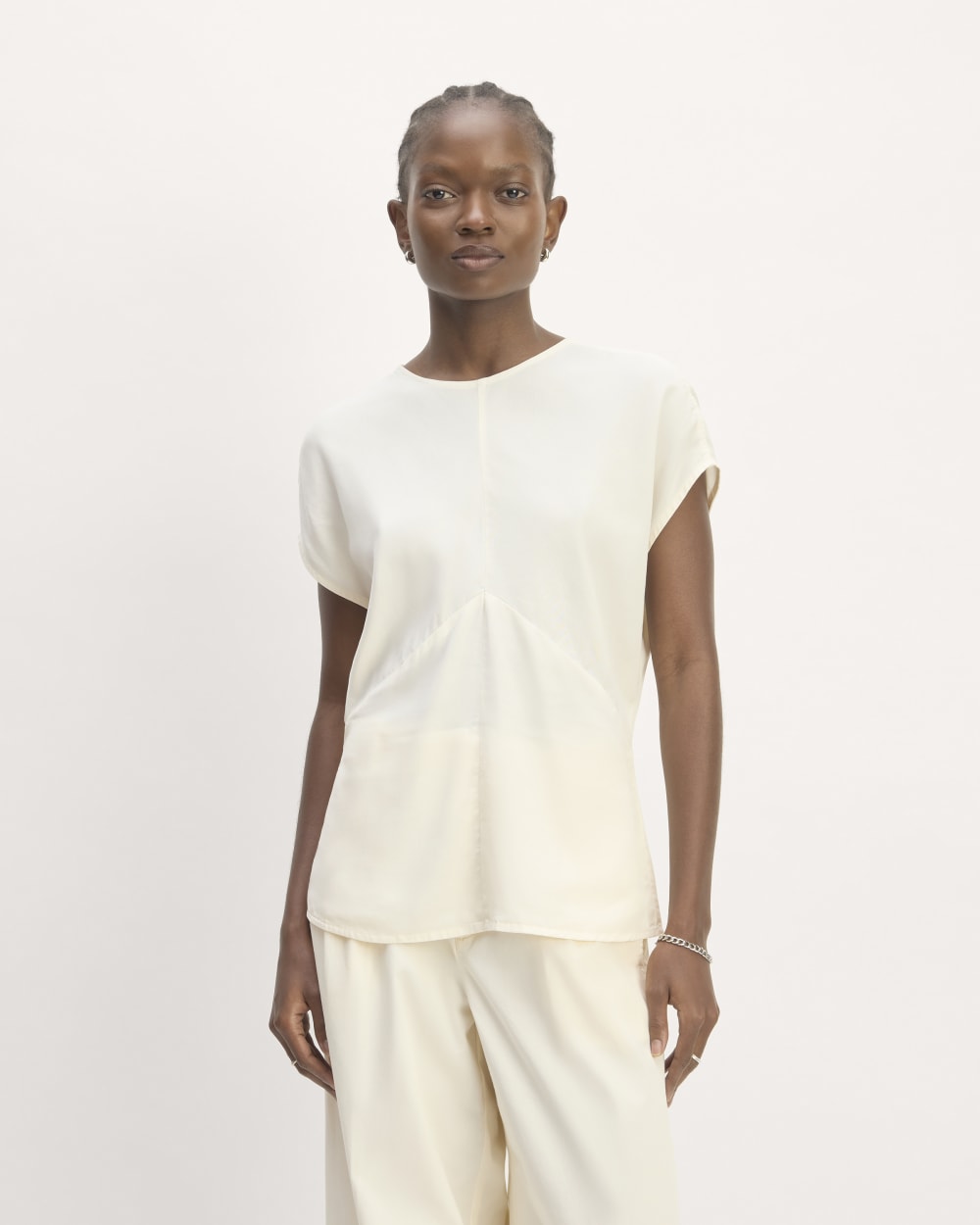 The Drape Top in Butterlite in Bone — front view