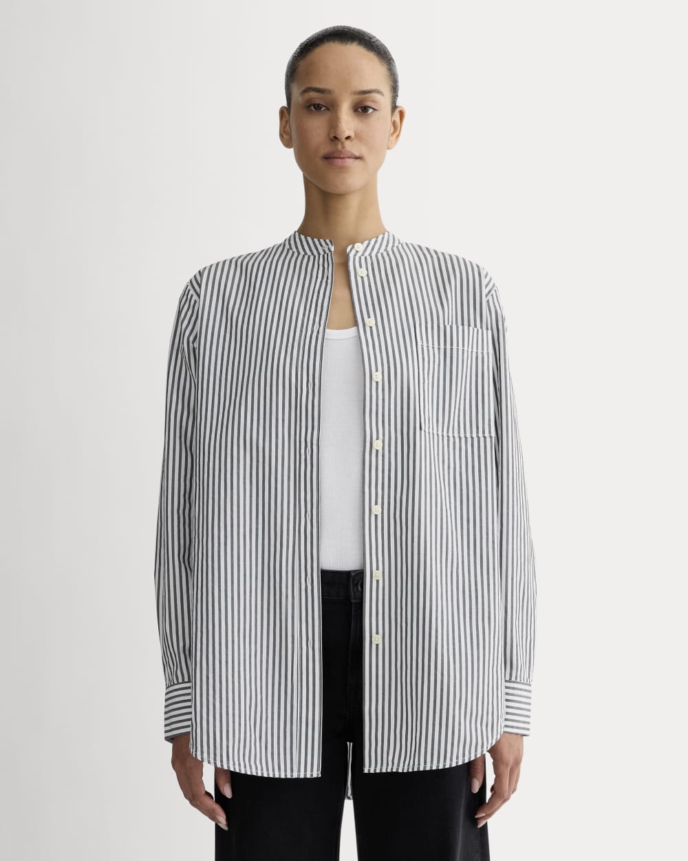 The Oversized Shirt in Ultrasoft Cotton in Optic White / Black — front view