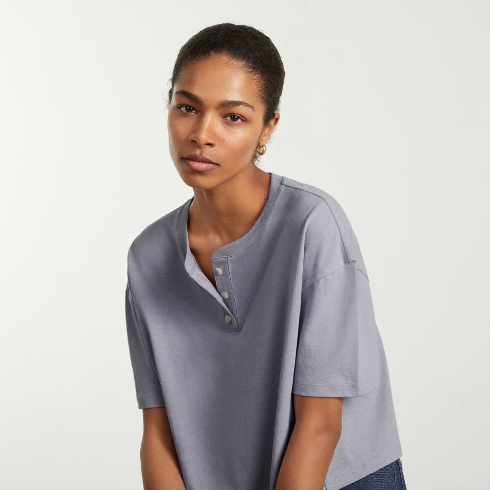 The Vintage Henley Hemp Tee in Lilac Grey — detail view
