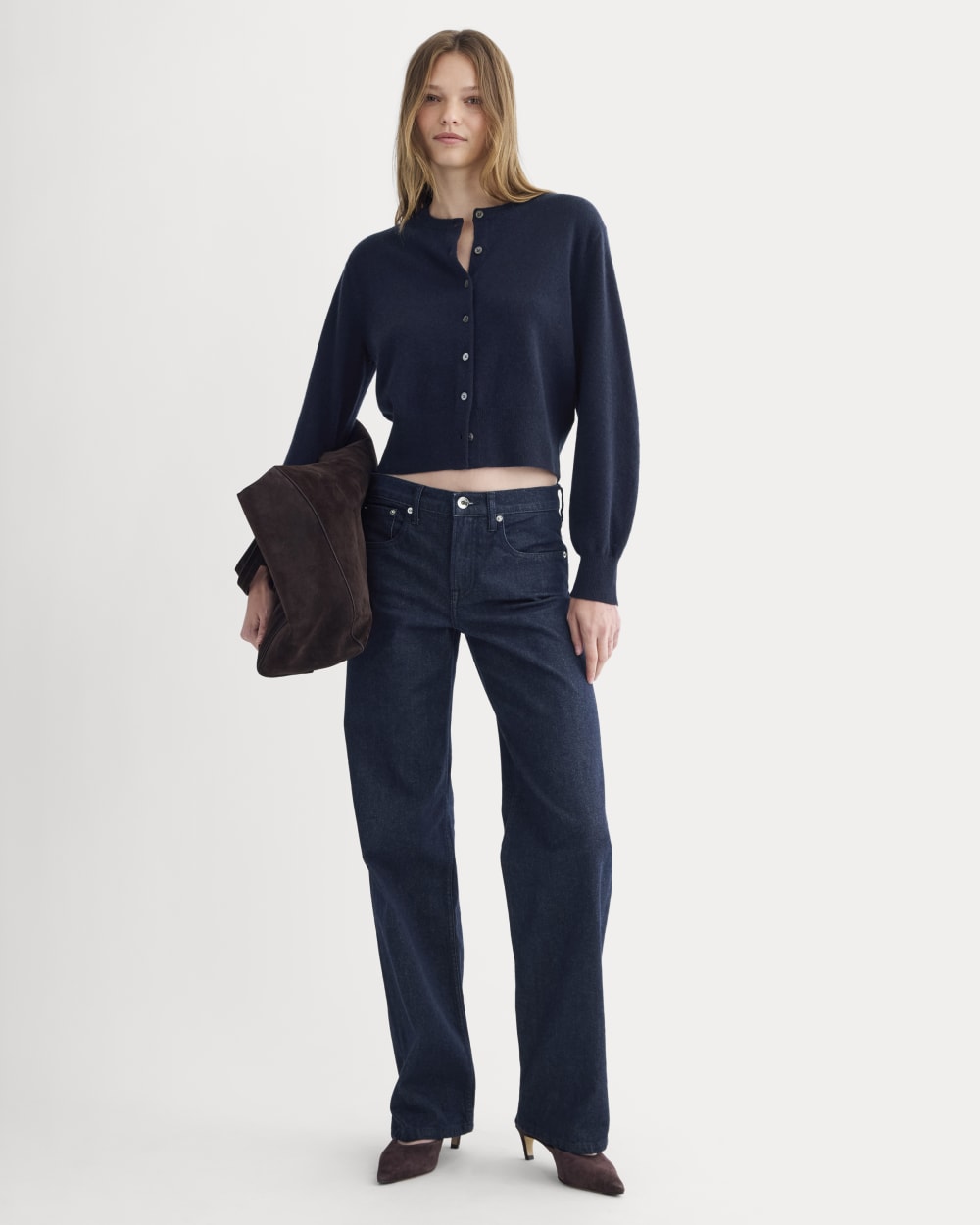 Cashmere Cropped Cardigan in Navy — detail view