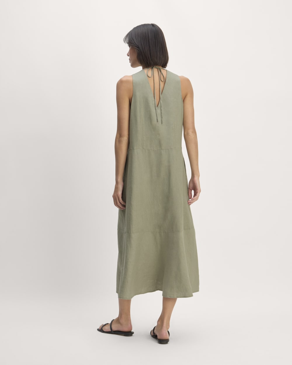 The Linen V-Neck Maxi Dress in Sage Green — detail view