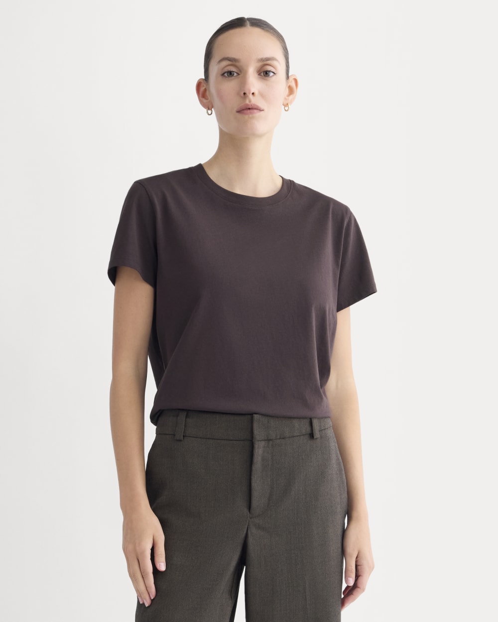 The Box-Cut Tee in Essential Cotton in Dark Chocolate — front view