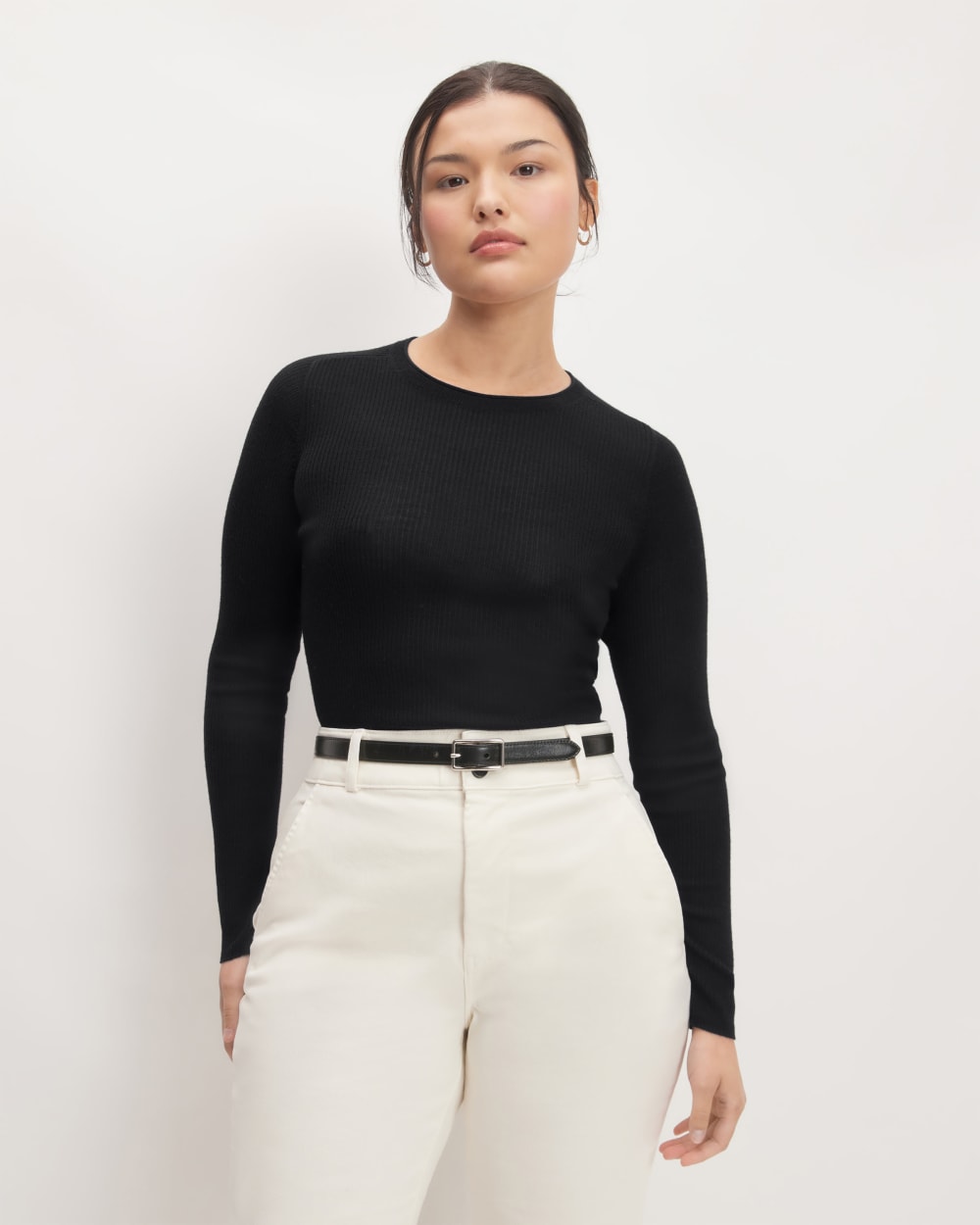 The Long-Sleeve Sweater Tee in Ultrasoft Merino in Black — front view