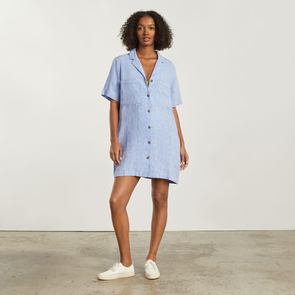 The Linen Workwear Dress in Medium Blue — front view