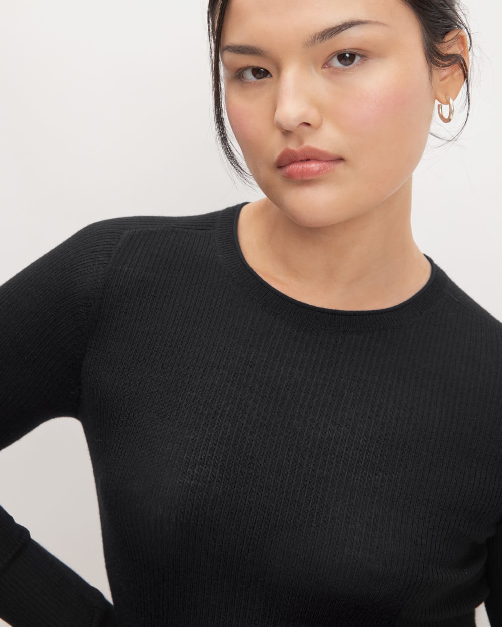 The Long-Sleeve Sweater Tee in Ultrasoft Merino in Black — detail view