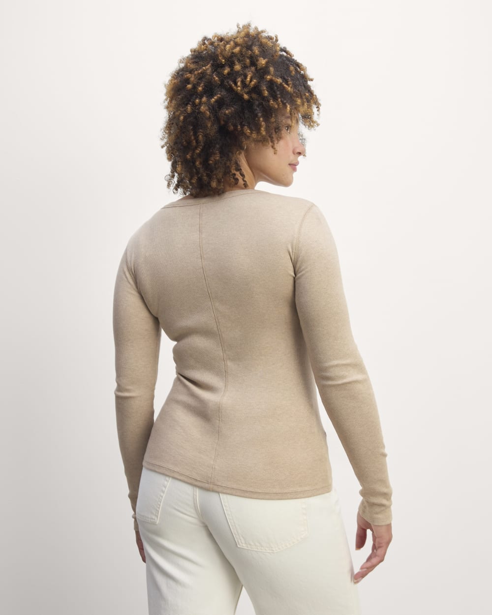 The Luxe Rib Henley in Heathered Tan — detail view