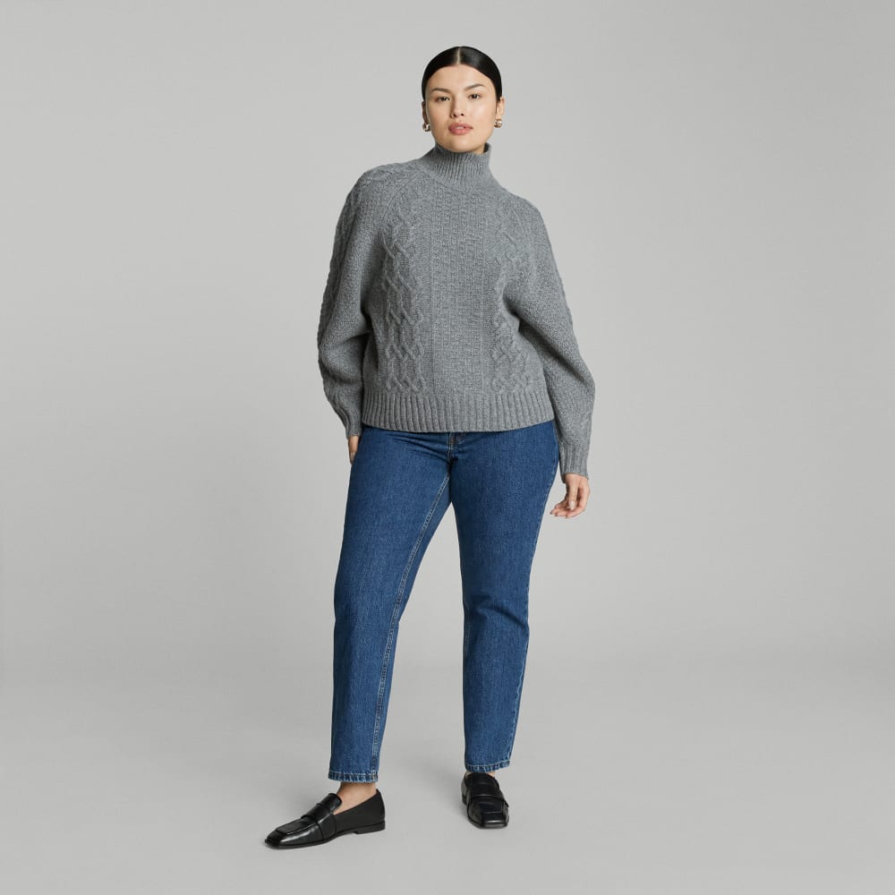 The Felted Merino Cable Sweater in Heathered Mid-Grey — detail view
