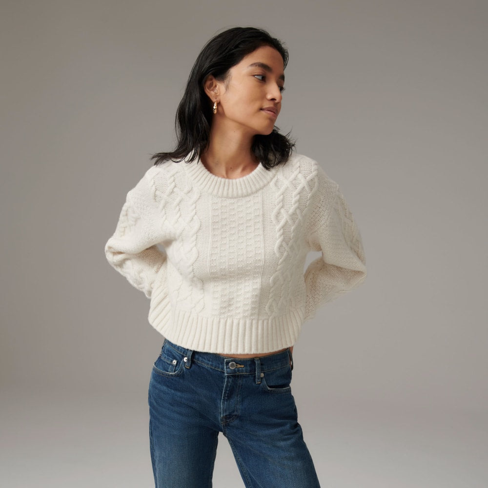 The Felted Merino Cropped Cable Sweater in Bone — front view