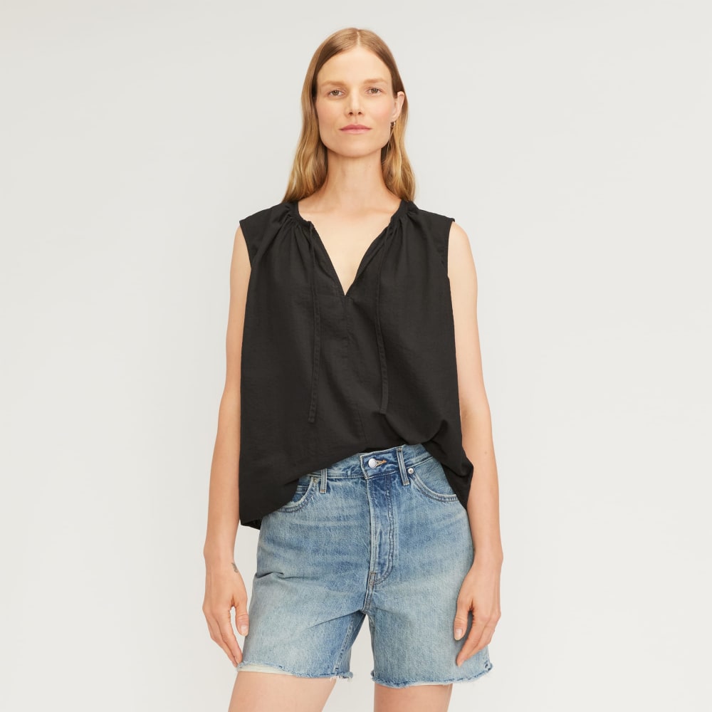 The Gathered Tie-Front Top in Black — front view