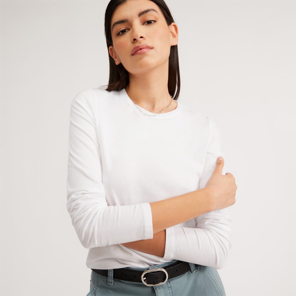 The Organic Cotton Long-Sleeve Crew in White — detail view