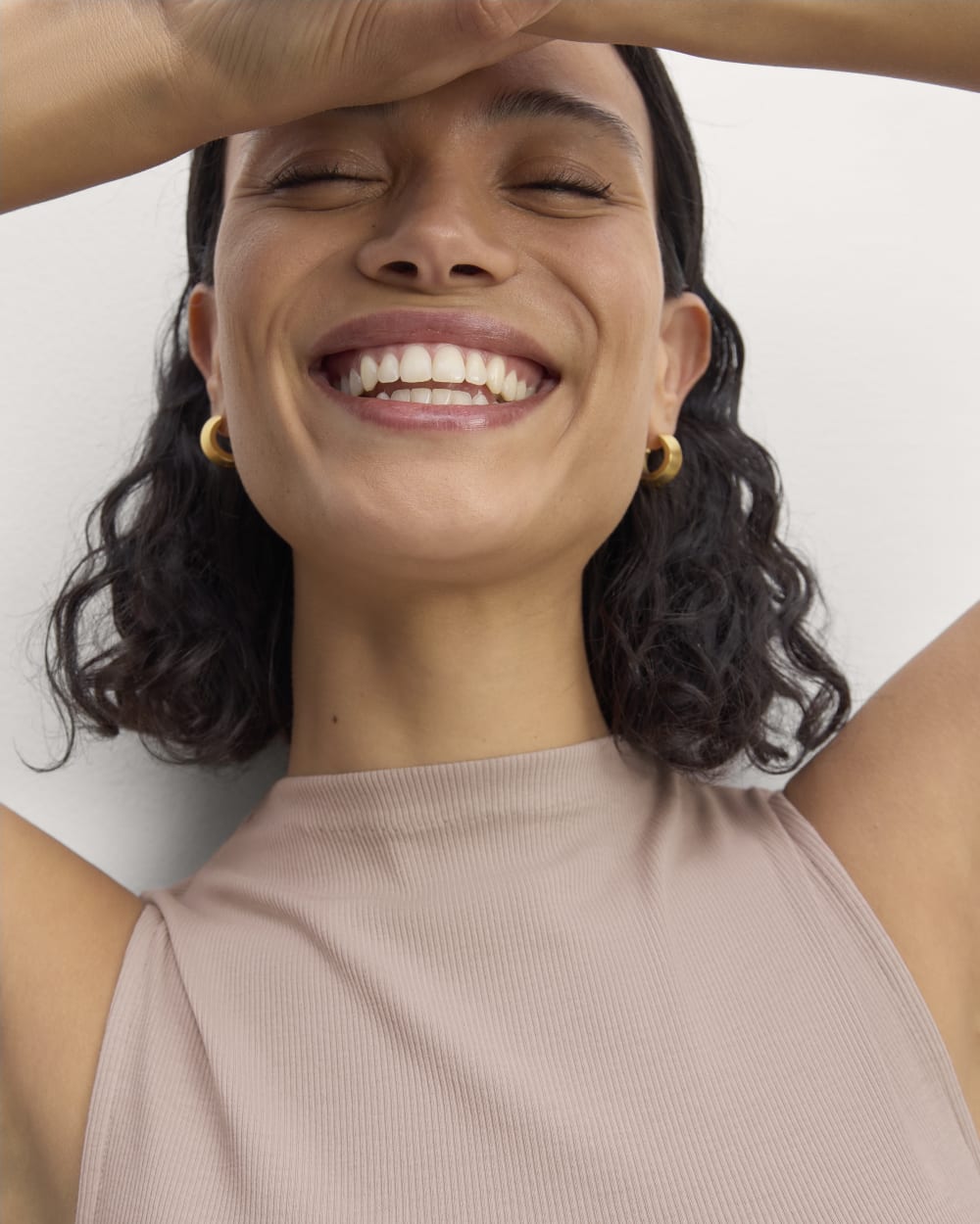 The Luxe Rib Funnel-Neck Tank in Dusty Rose — detail view