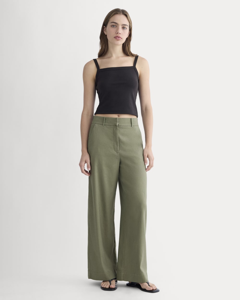 The Wide-Leg Pant in Stretch Linen in Lichen Green — front view
