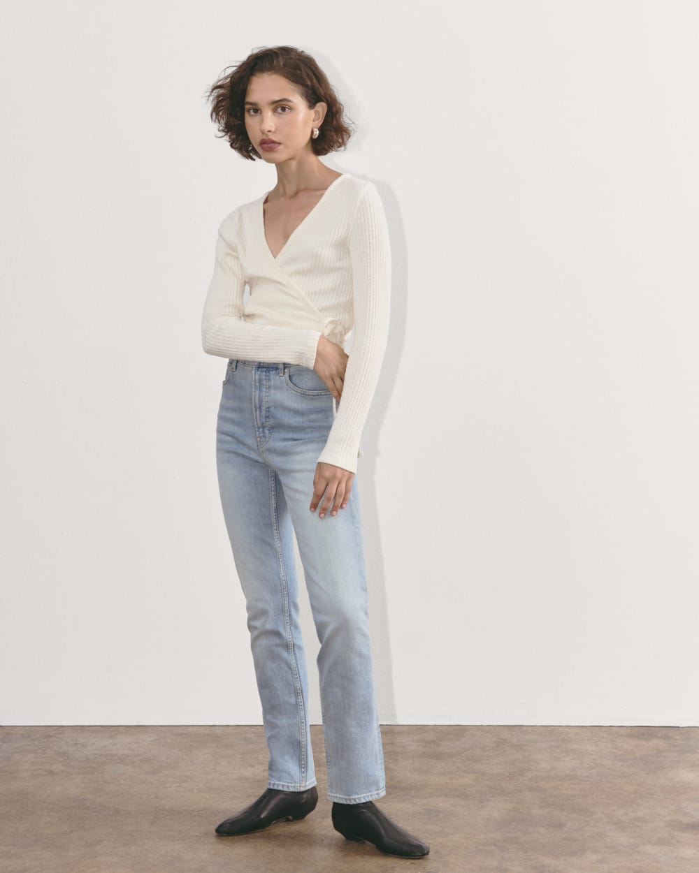 The Cozy Rib Wrap Top in Bone — detail view