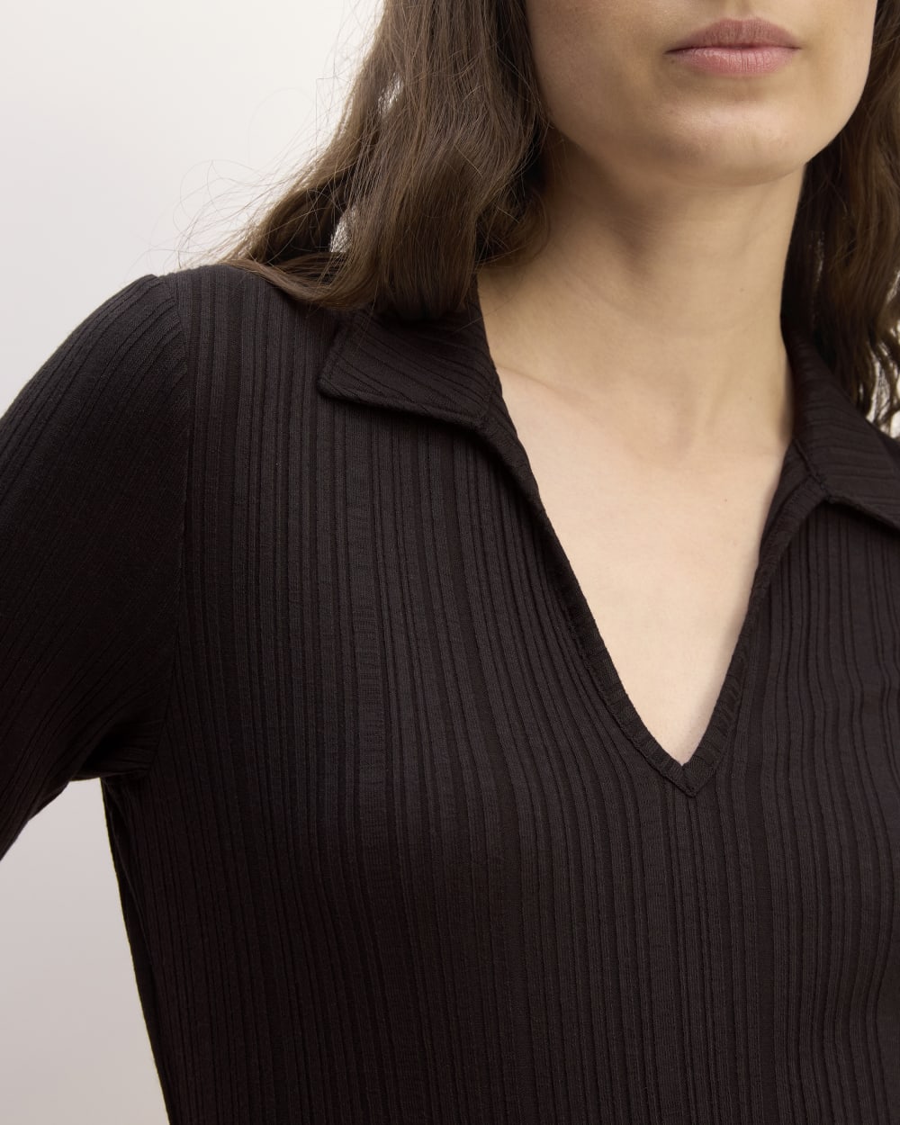 The Rib Soft Knit Open Collar Polo in Black — detail view