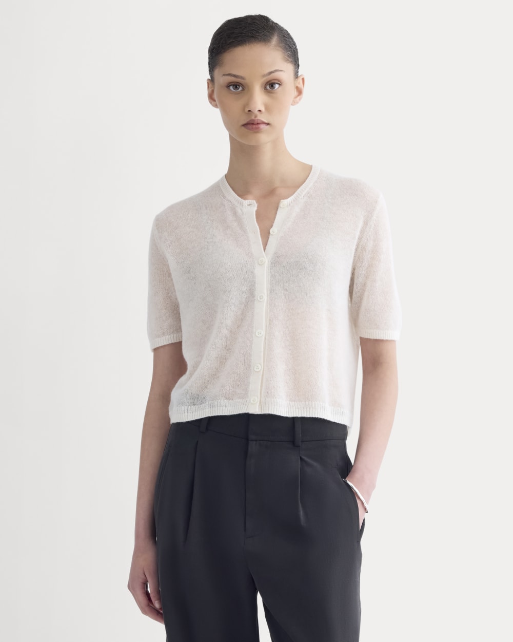 The Air Alpaca™ Short-Sleeve Cardigan in Birch — front view