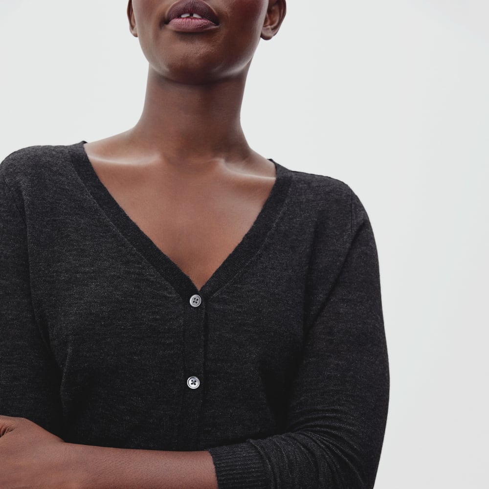 The Featherweight Alpaca Cardigan in Heathered Black — detail view