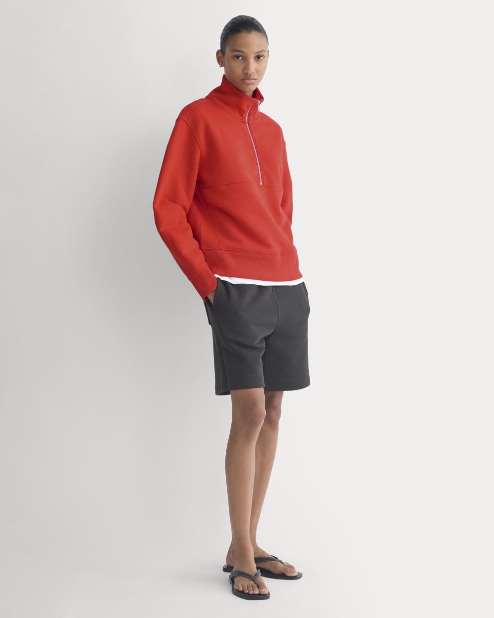 Luxe Fleece Half-Zip Sweatshirt in Fiery Red — detail view