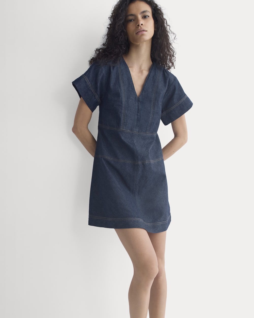 Denim Short-Sleeve Dress in Dark Indigo Rinse — front view