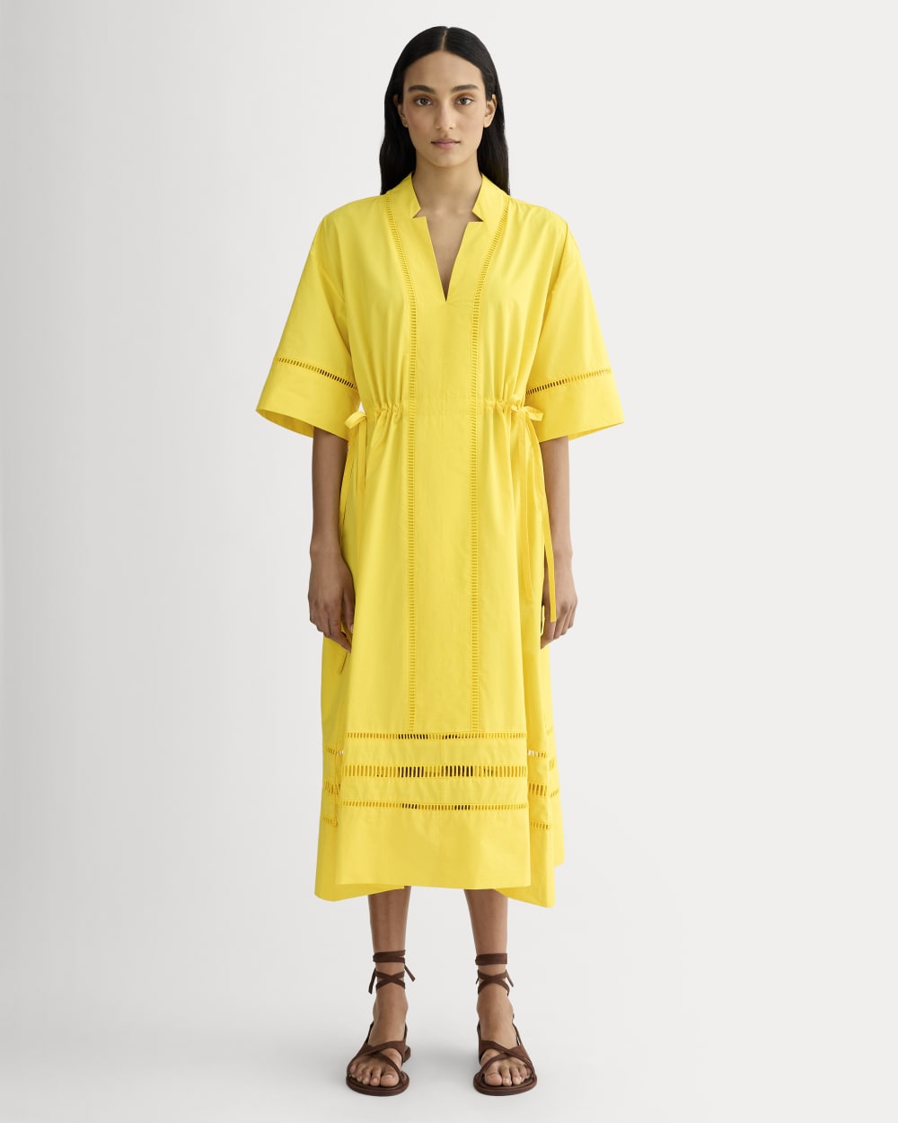 The Lace Trim Caftan Dress in High Visibility Yellow — front view