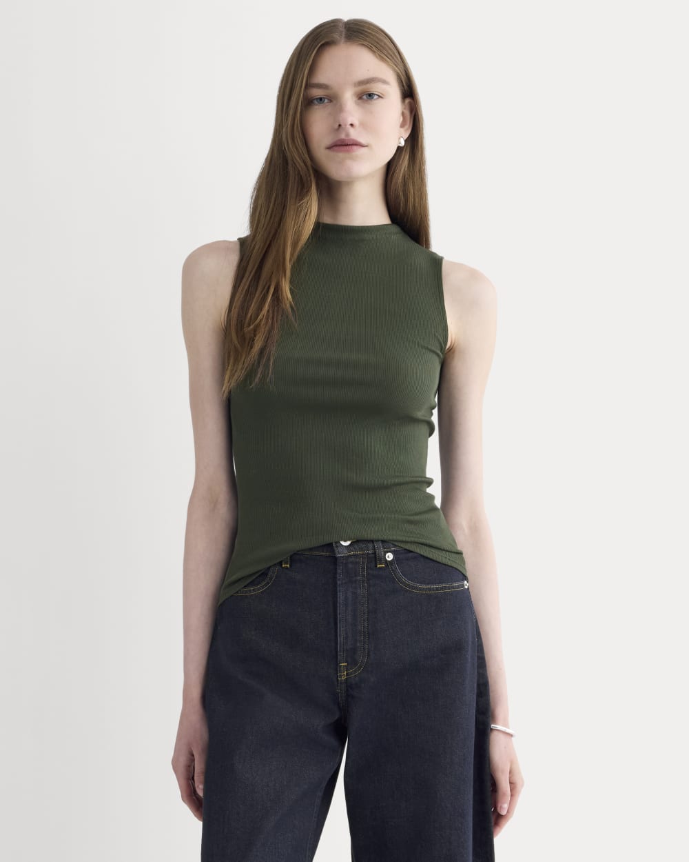 The Luxe Rib Funnel-Neck Tank in Dark Forest — front view