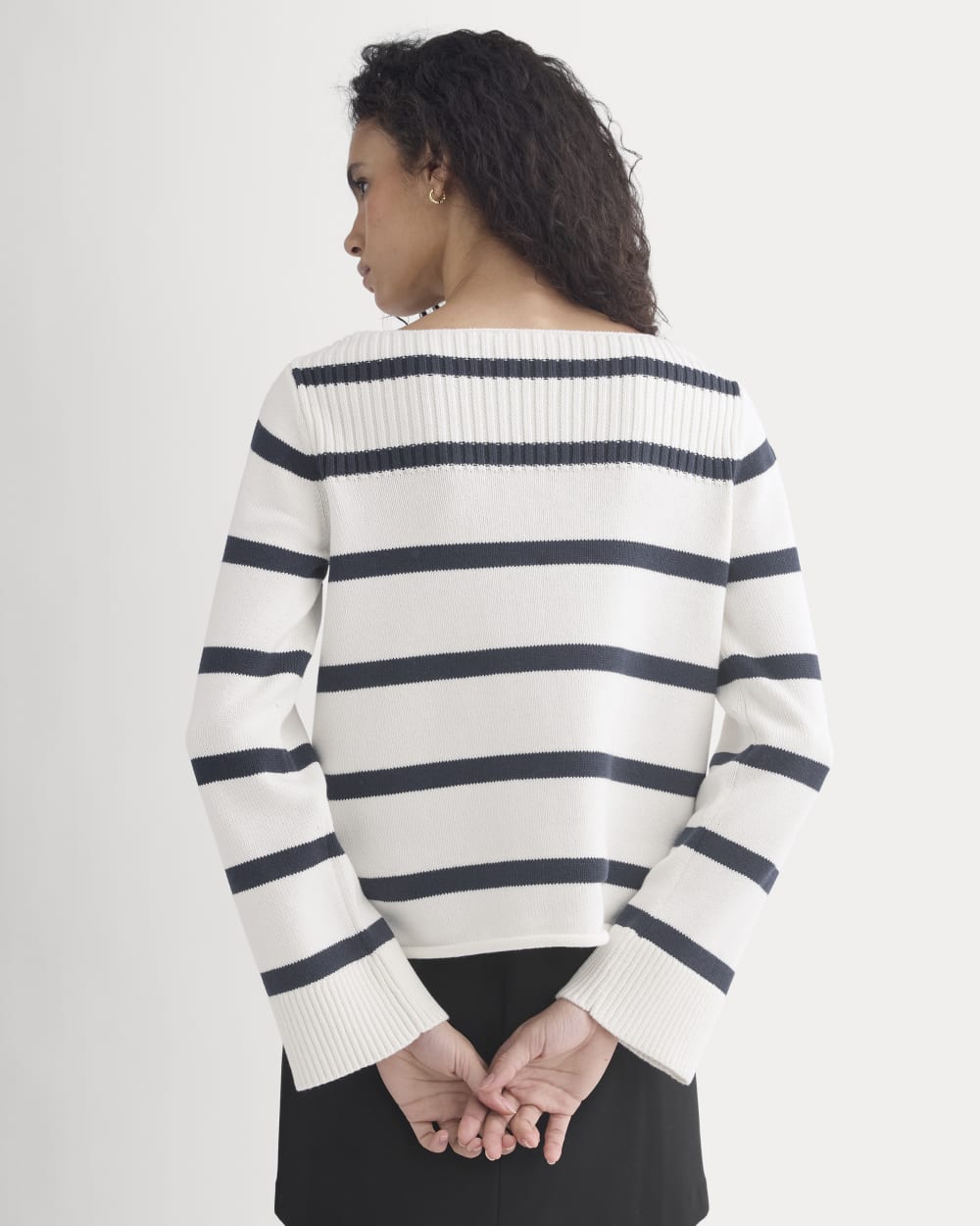 Striped Boatneck Sweater in Everyday Cotton in True Navy/Bone — detail view