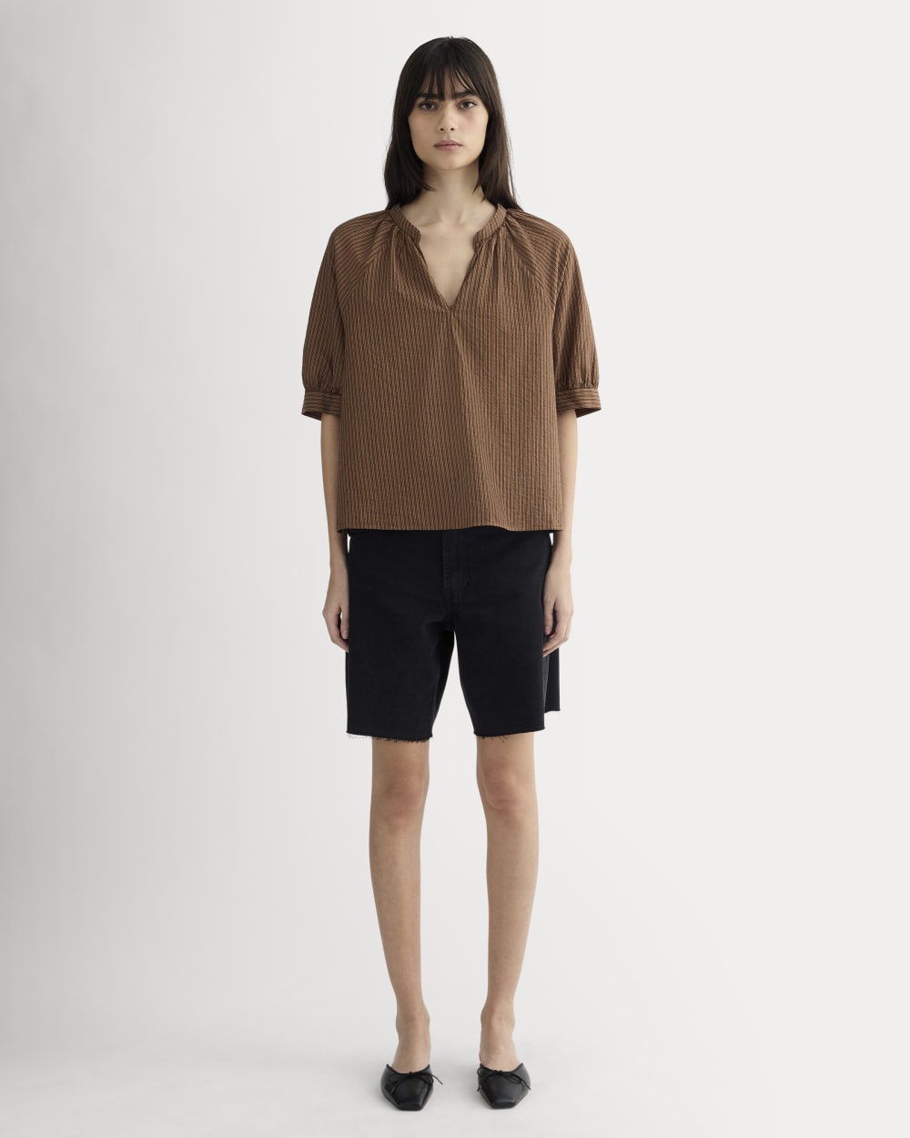 The Gauze Gathered Top in Carob Brown / Black — detail view