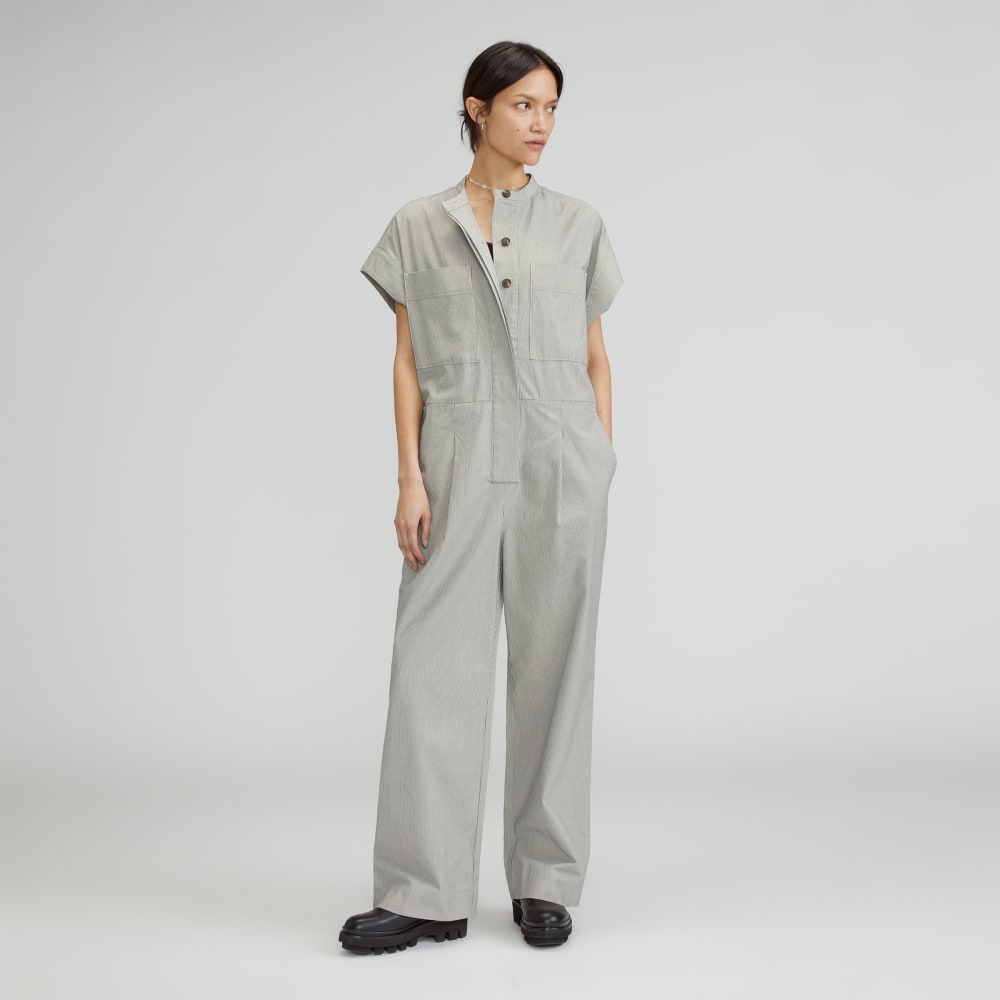 The Easy Workwear Jumpsuit in Canvas Tan / Navy — front view