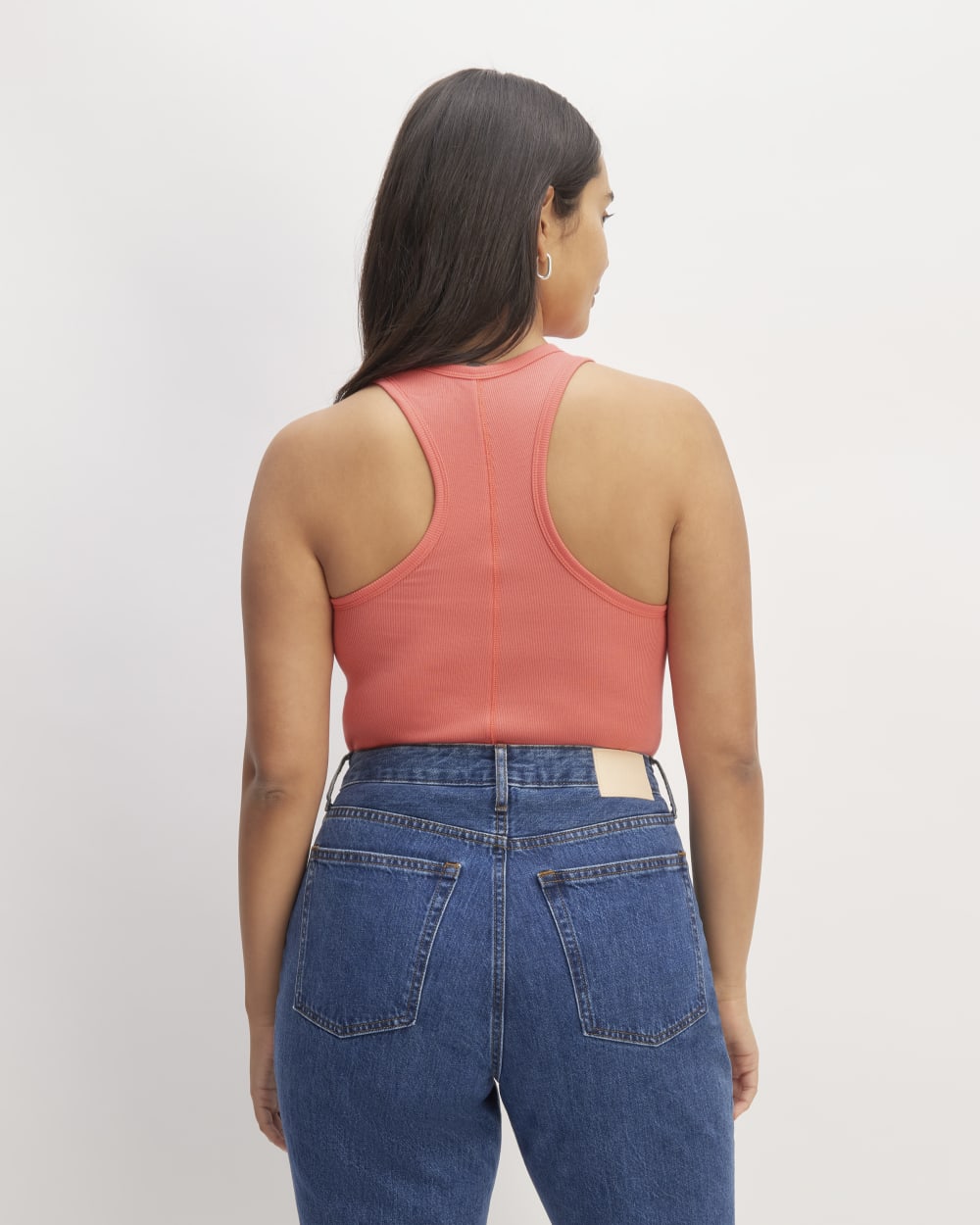 The Luxe Rib Racerback Tank in Coral — detail view