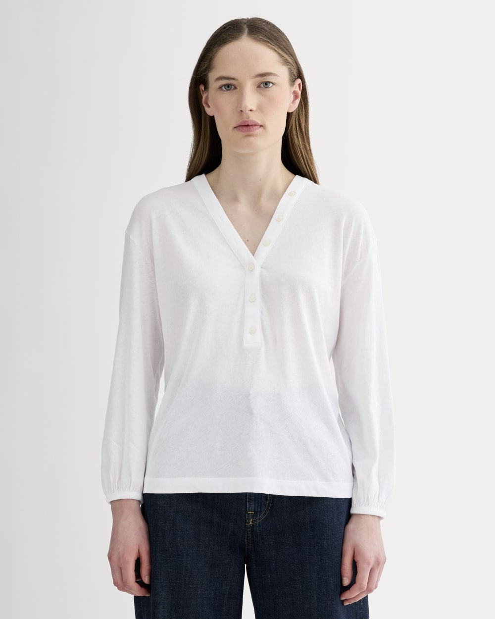 The Air V-Neck Henley in White — front view