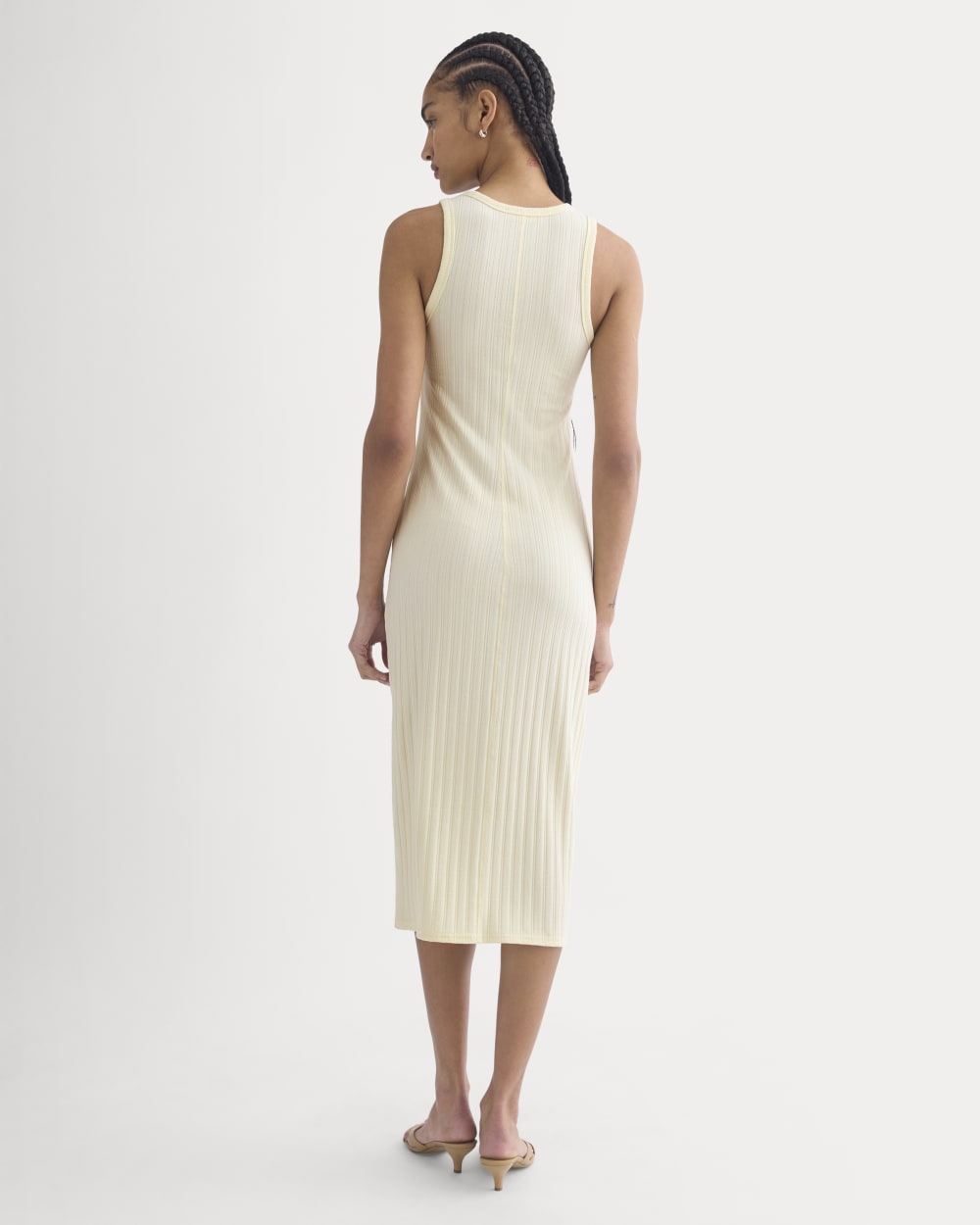 Scoop-Neck Midi Dress in Pointelle Knit in Lemon Icing — detail view
