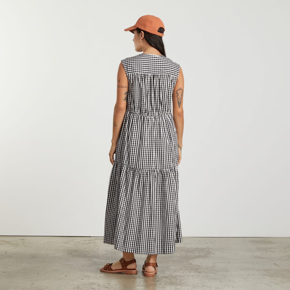 The Tiered Midi Dress in Black Gingham — detail view