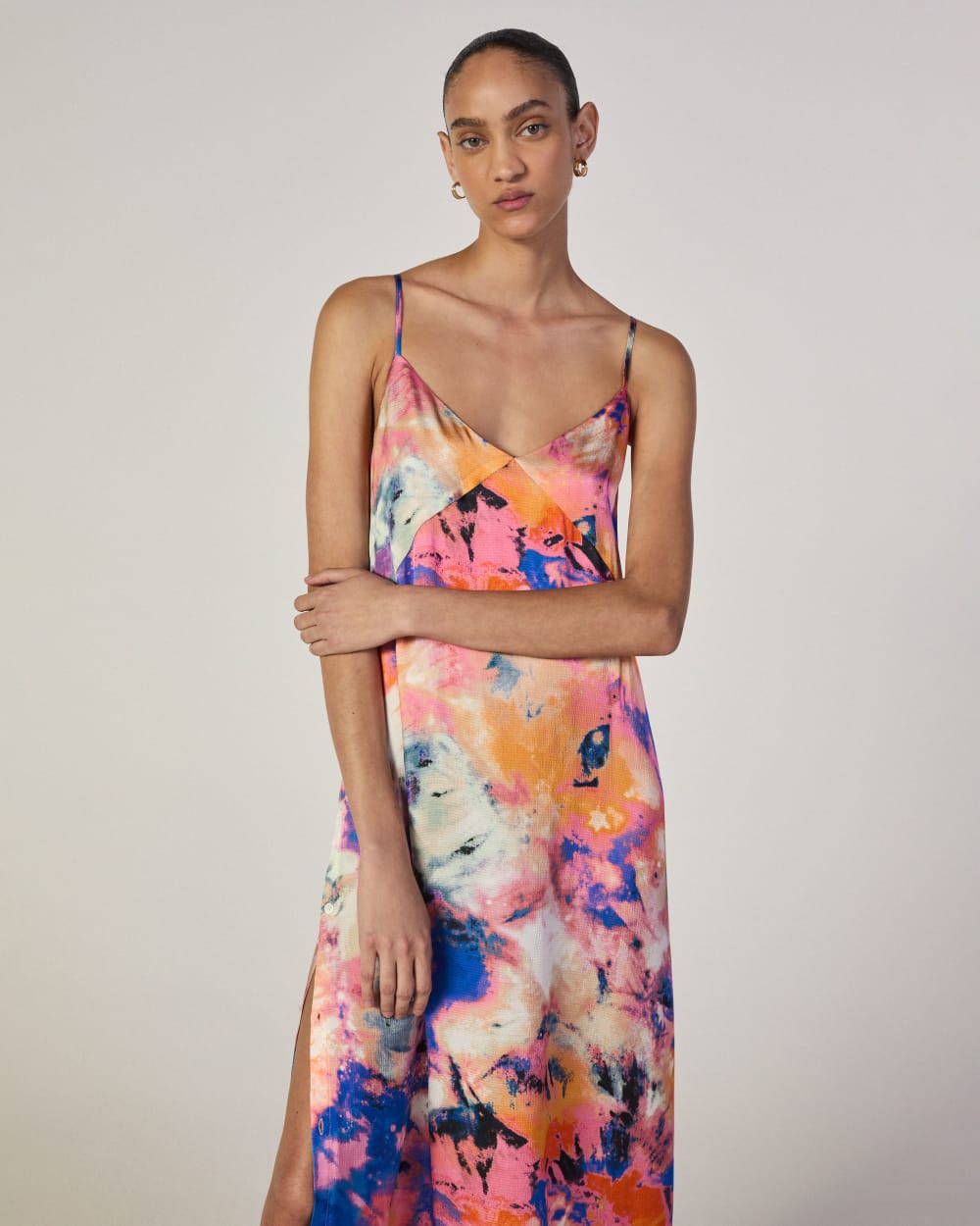The Everlane x Marques' Almeida Satin Tie-Dye Dress in Multi Tie-Dye — front view