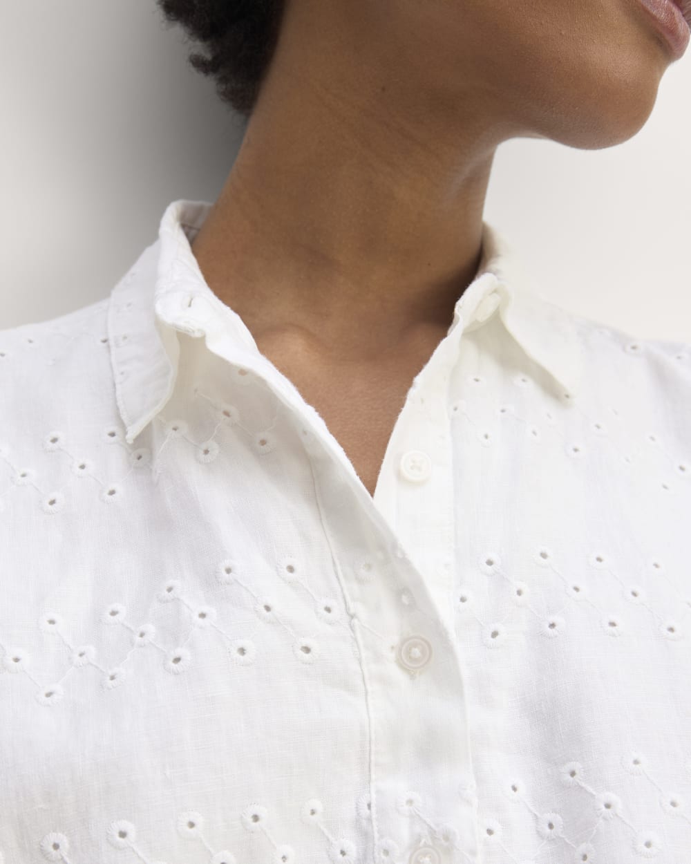 The Linen Eyelet Shirtdress in White Eyelet — detail view