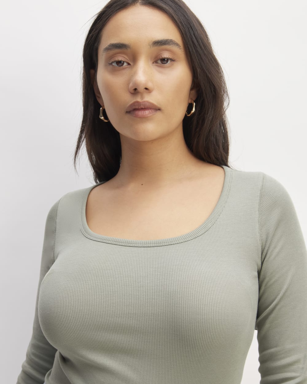 The Luxe Rib Long-Sleeve Scoop-Neck Tee in Sage Green — detail view