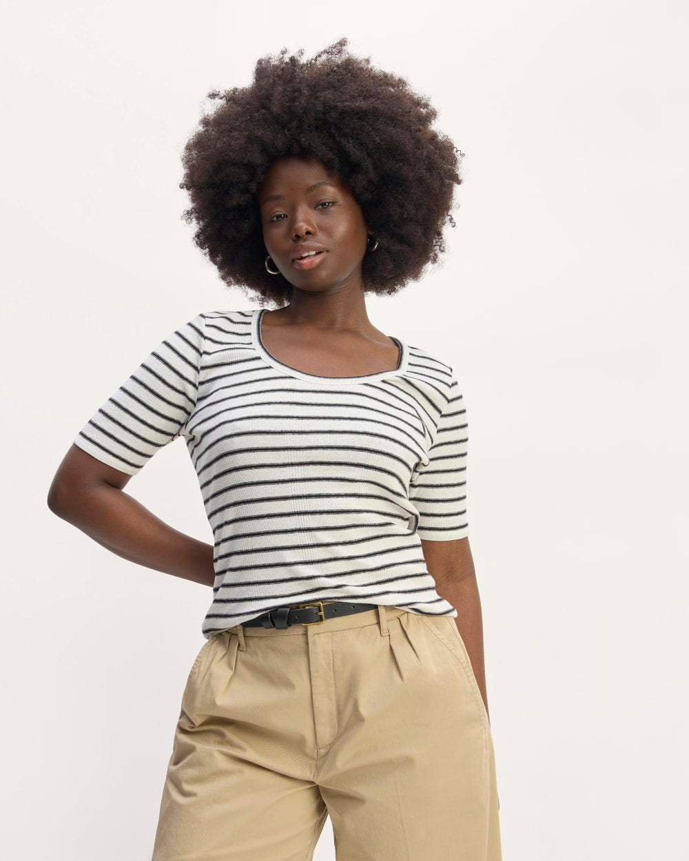 The Vintage Rib Scoop-Neck Top in Bone / Black — front view