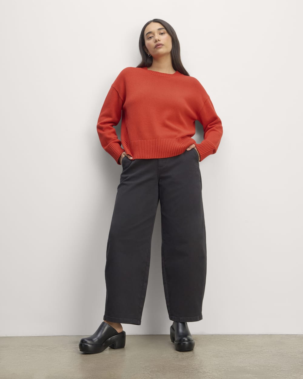 The Boxy Sweater in Everyday Cotton in Poppy Red — detail view