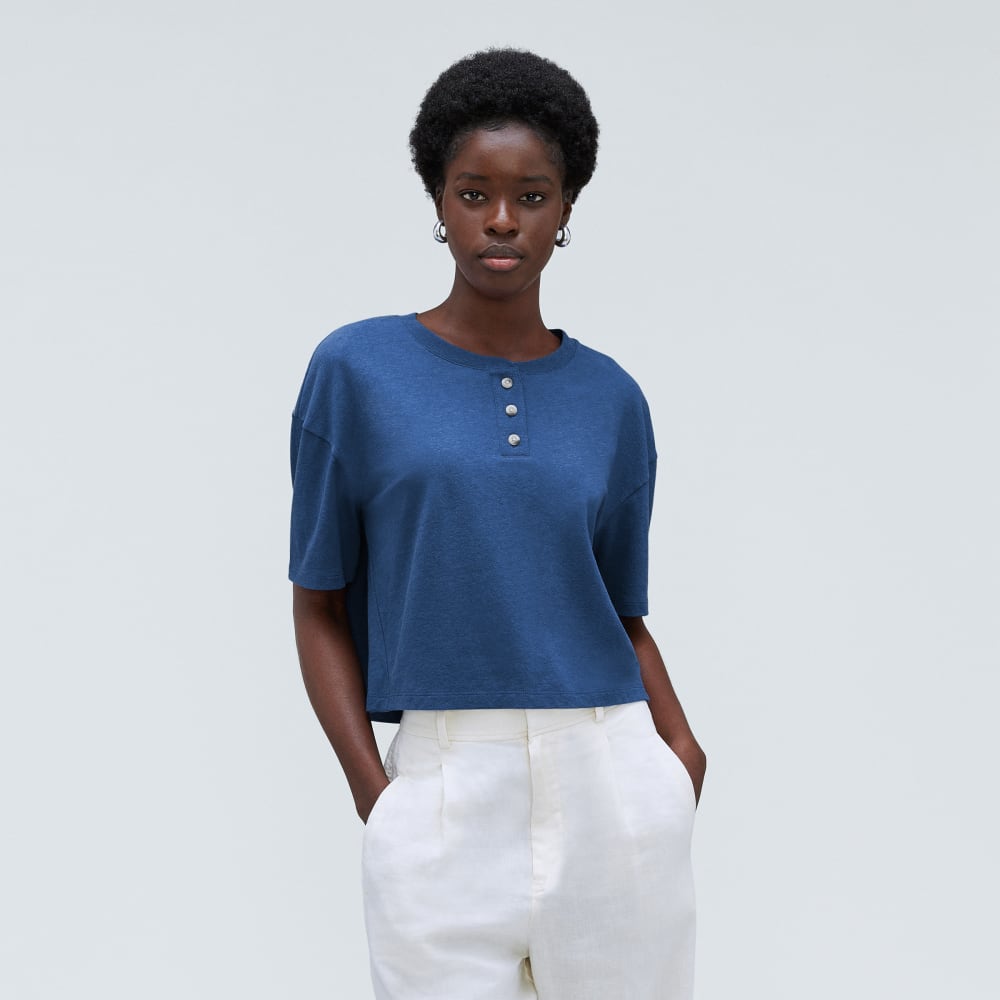 The Vintage Henley Hemp Tee in Deep Blue — front view