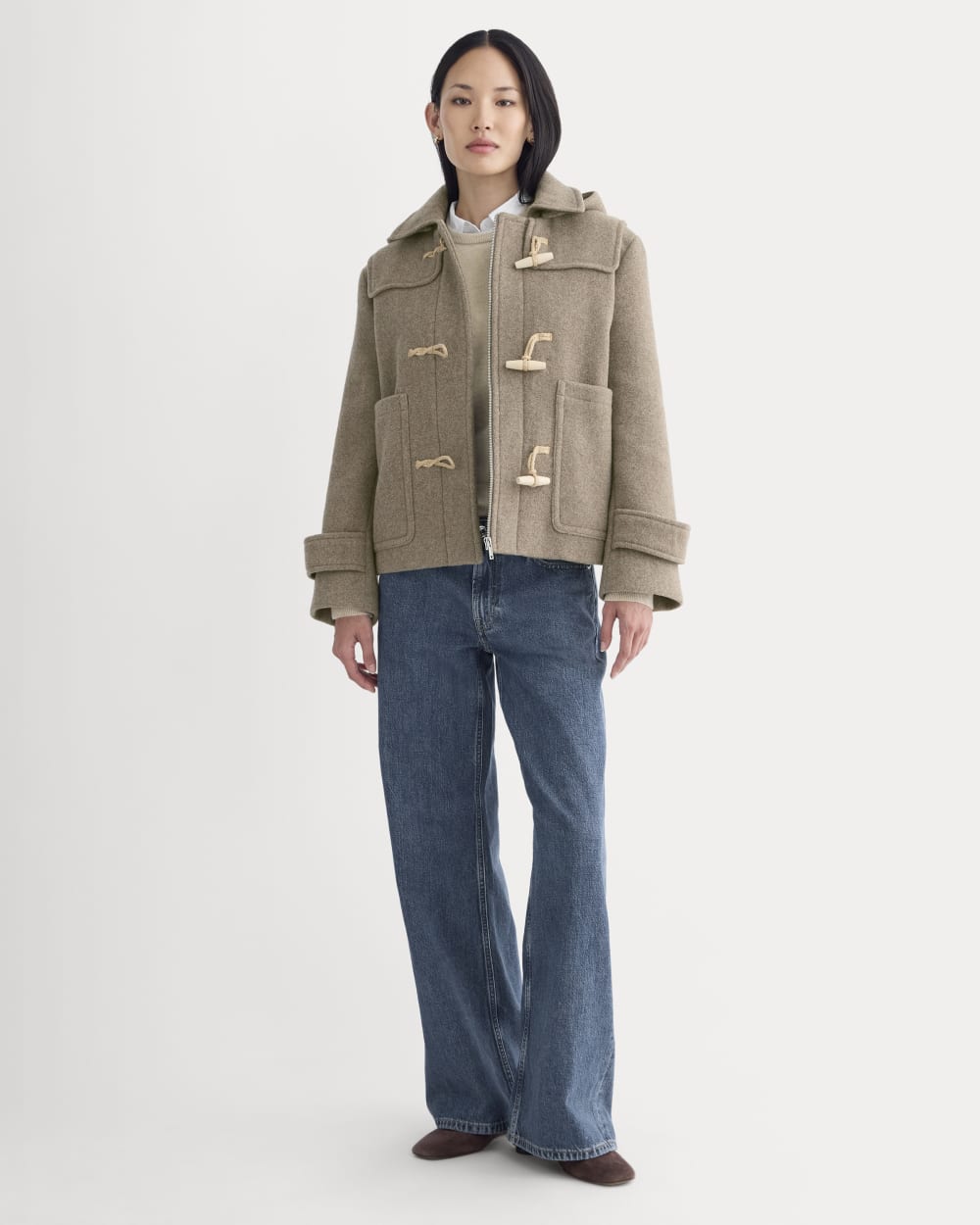 The ReWool Duffle Coat in Heather Taupe — detail view