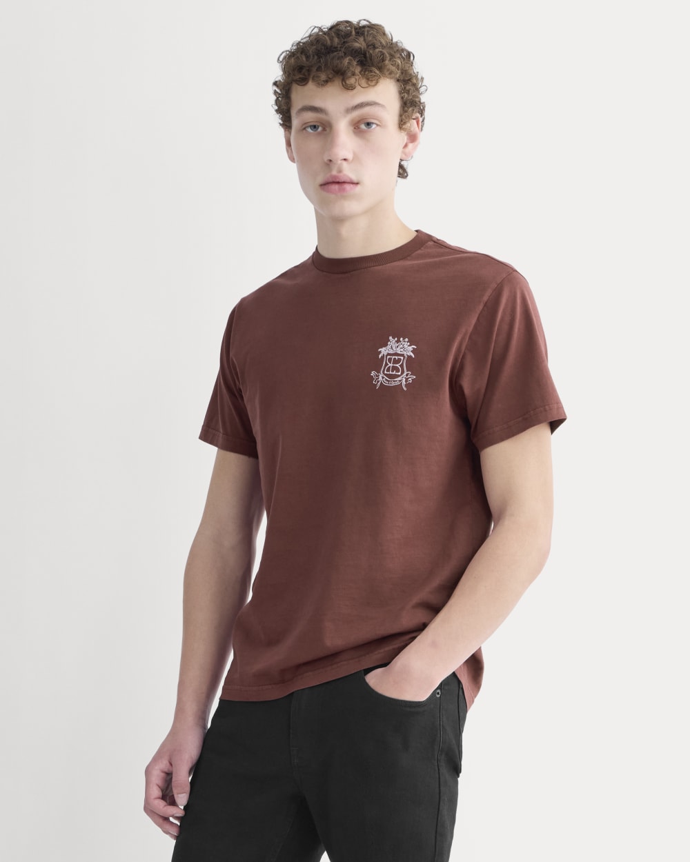 Everlane x Peace and Quiet Crest Graphic Tee in Wine — front view