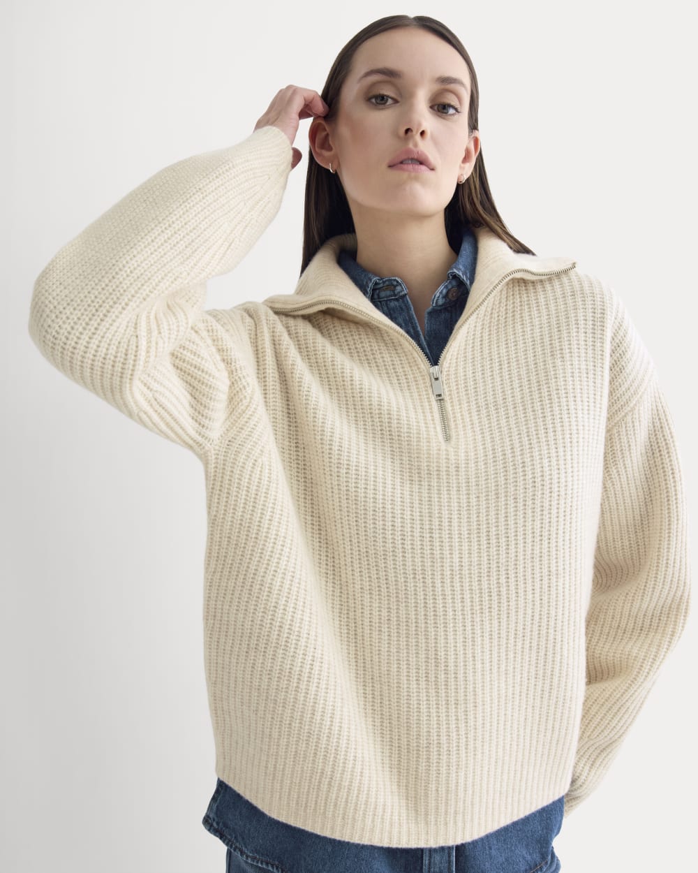 The Half-Zip Sweater in Luxe Merino in Heathered Oat — front view