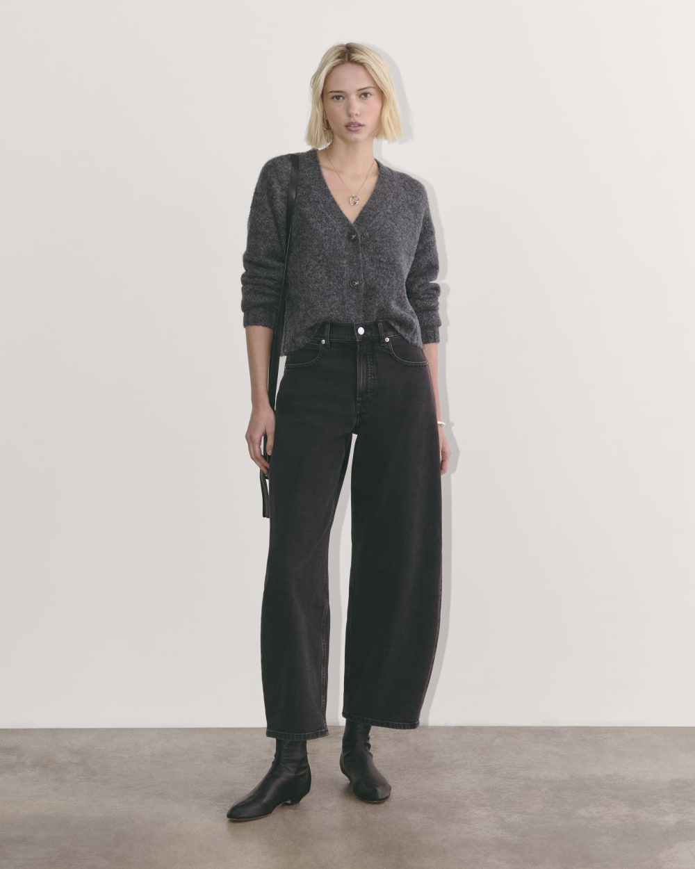 The Boxy Cardigan in Alpaca in Dark Charcoal — detail view