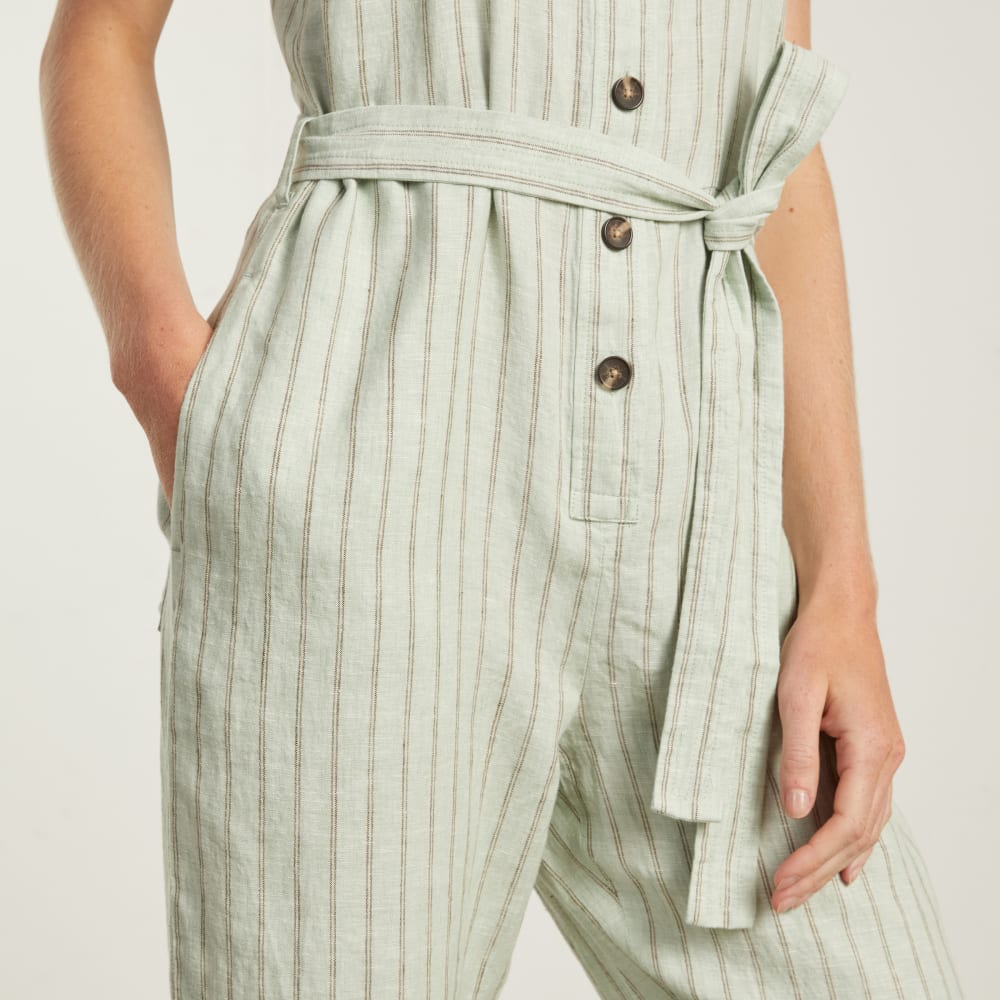 The Linen Jumpsuit in Seafoam Pinstripe — detail view