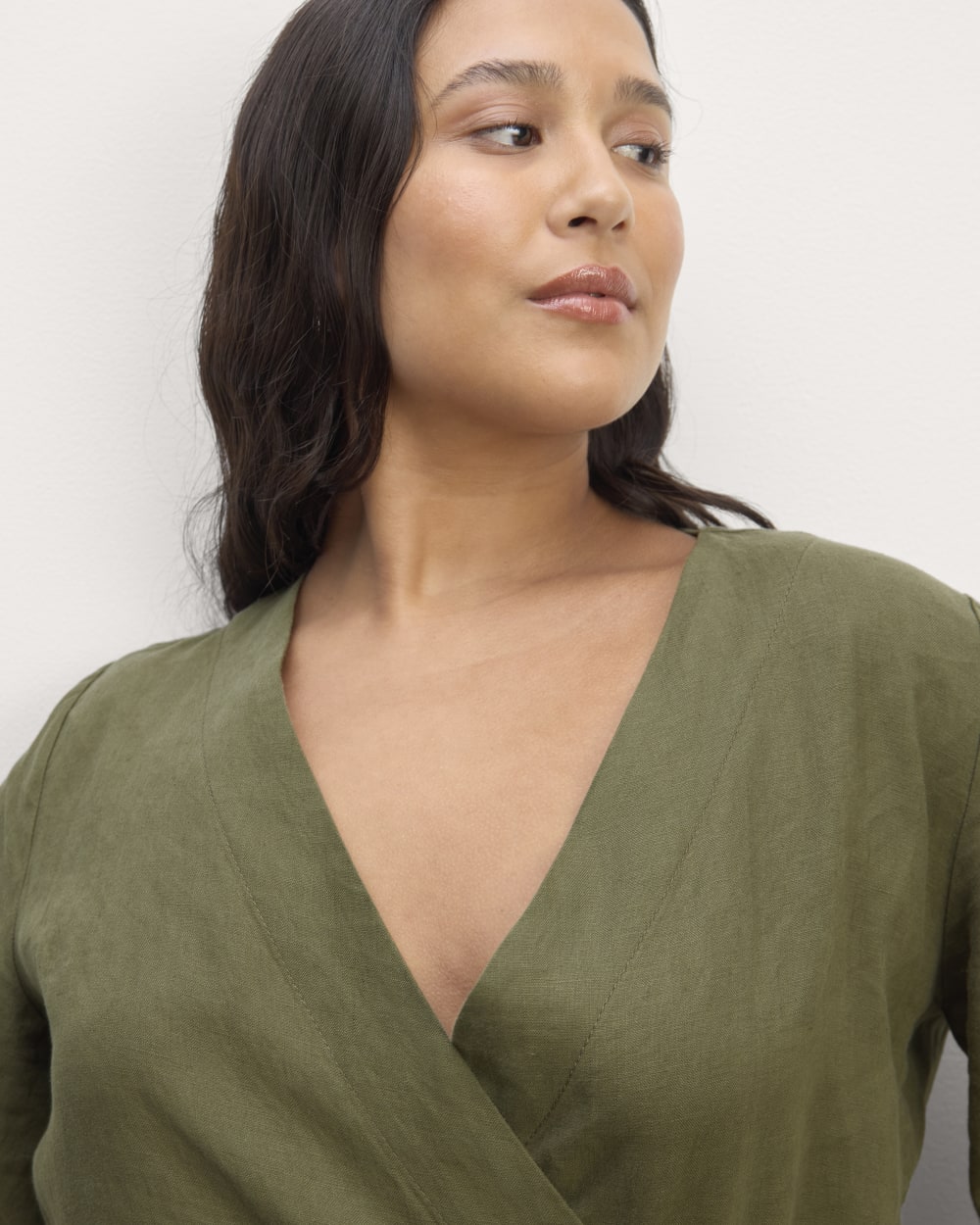 The Wrap Jumpsuit in Linen in Kalamata — detail view