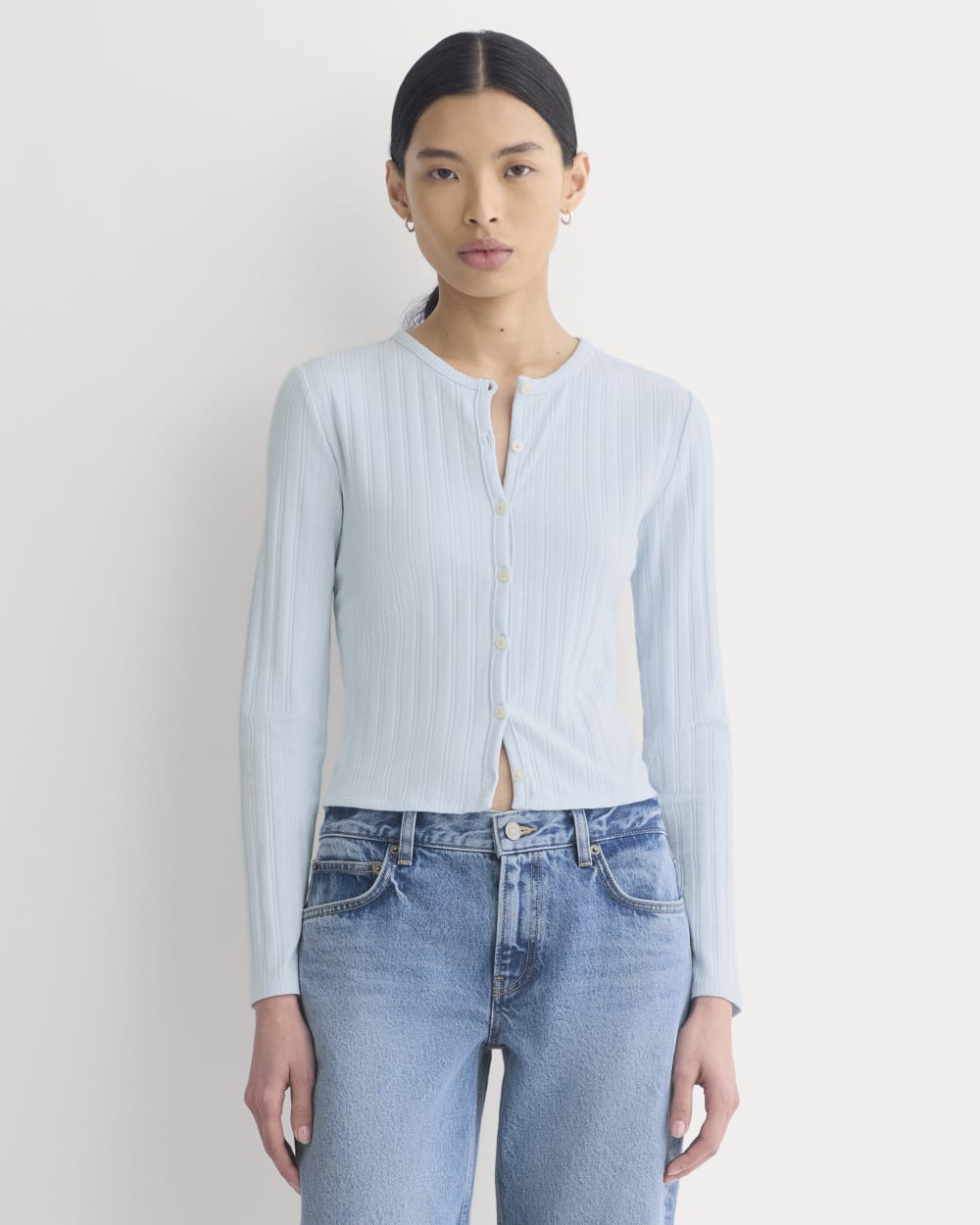 Cardigan in Pointelle in Skywriting — front view