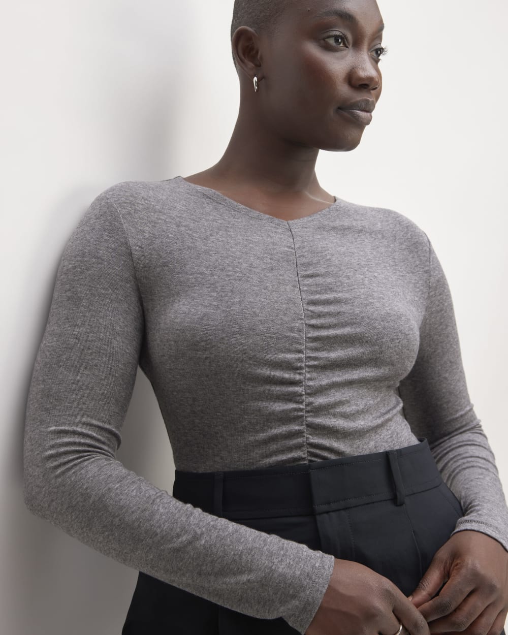 The Ruched V-Neck Tee in Butterluxe in Heather Charcoal — detail view