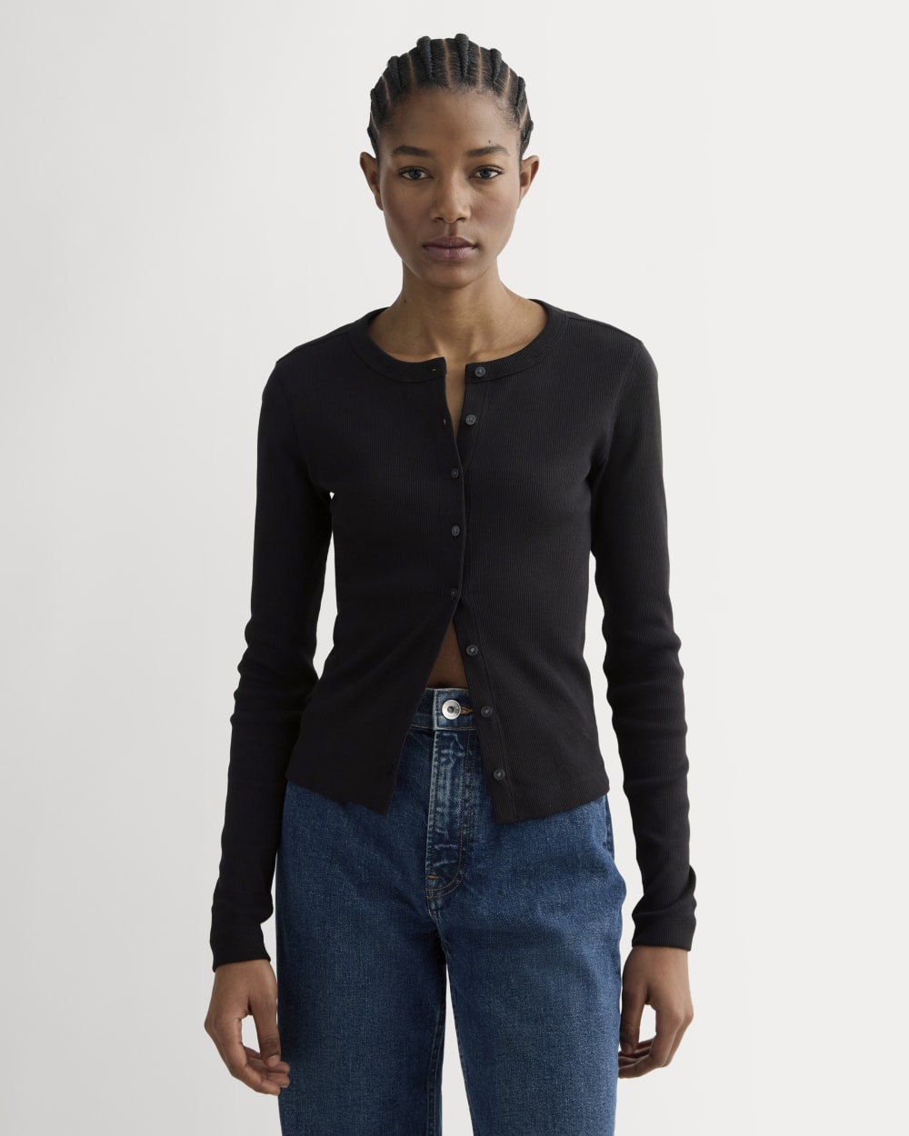 The Selfie Cardigan in Black — front view