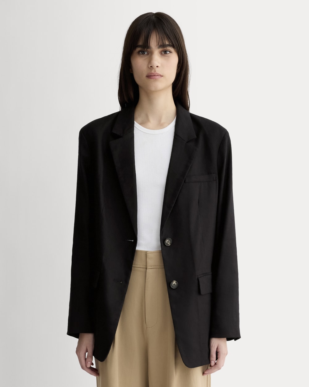 The Oversized Blazer in Stretch Linen in Black — front view