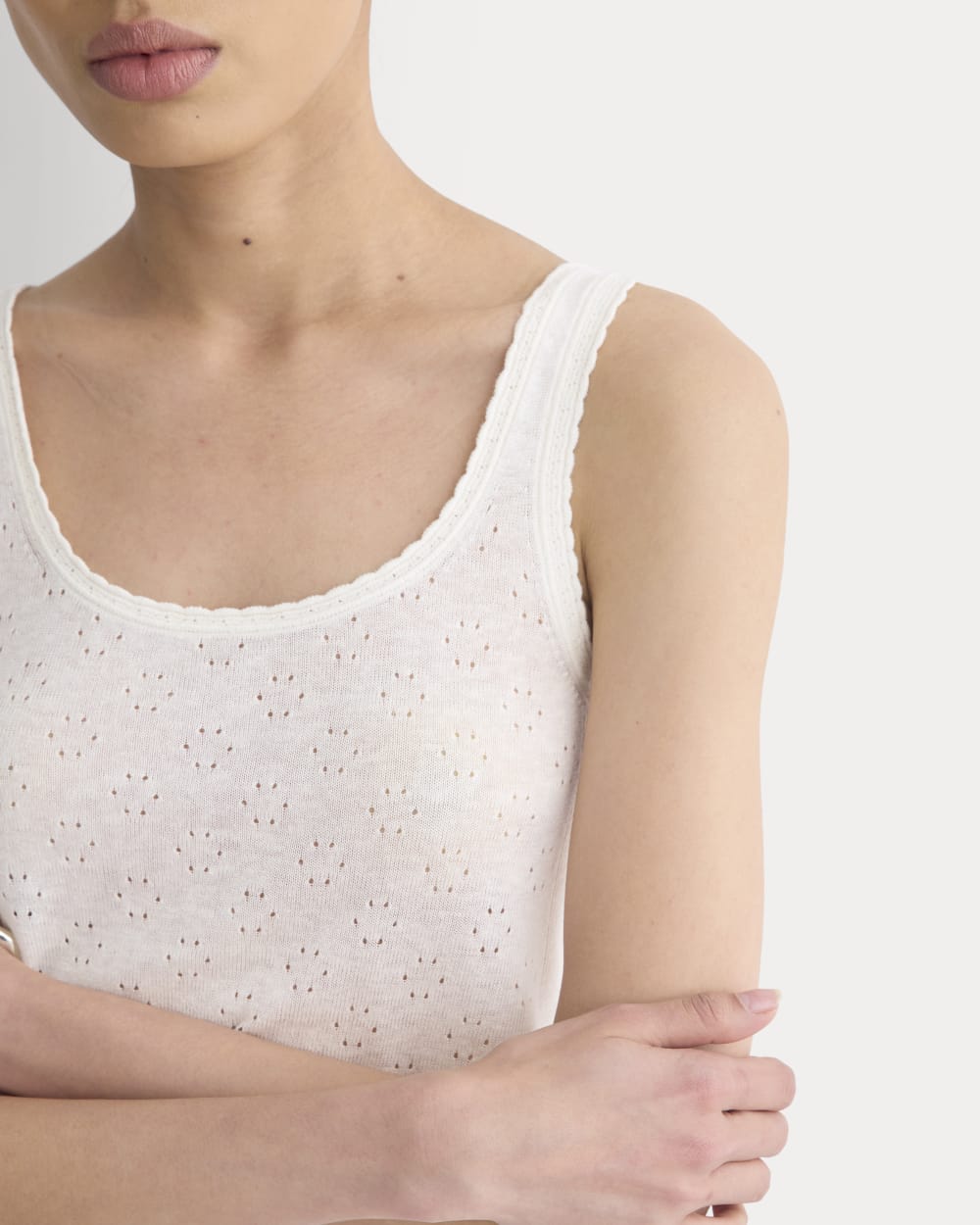 Lace-Trimmed Tank in Fine Linen in Bone — detail view