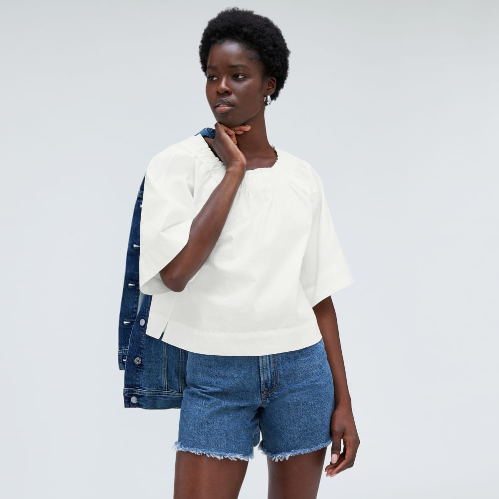 The Seersucker Gathered Tee in White — detail view